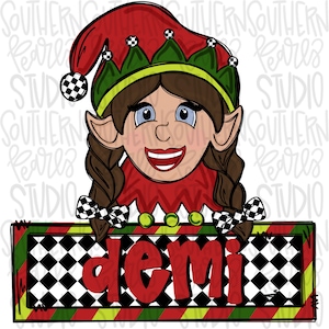 May include: A cartoon illustration of an elf with brown braided hair, wearing a red and green hat with black and white checkered pom-poms. Below the elf is a rectangular sign with a black and white checkered pattern containing the red text demi.