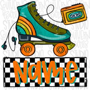 Könnte beinhalten: Ein türkisblauer Rollschuh mit orangefarbenen und grünen Akzenten, ein passender Kassettenrekorder und Kopfhörer. Das Wort "Name" steht in Orange und Türkis auf einem schwarz-weiß karierten Hintergrund. Das Design hat eine Retro-Ästhetik.