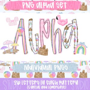 May include: A digital PNG alpha set featuring the word "Alpha" in a beach theme. The letters are pink with a black outline and filled with beach elements. The image includes text that says "Individual PNGs" and "26 Letters in each pattern".