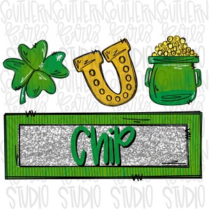 May include: A green four-leaf clover, a gold horseshoe, and a green pot filled with gold coins. The pot has a gold lid. The items are arranged on a white background with a green and silver striped rectangle with the word "Chip" in green letters.