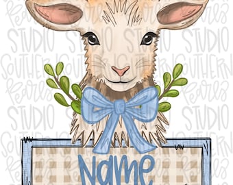 May include: A cute cartoon lamb with a blue bow and green leaves. The lamb is holding a sign with the word "Name" on it. The sign is blue and white with a checkered pattern.