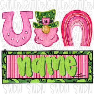 May include: A St. Patrick's Day themed design featuring a pink horseshoe, a leprechaun with a green leopard print hat, and a pink rainbow. Below is a rectangular sign with the word "name" in green.