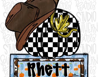 Citrouille à carreaux avec chapeau de cowboy et écusson | Conception par sublimation | Téléchargement numérique | Chemise femme, enfant PNG