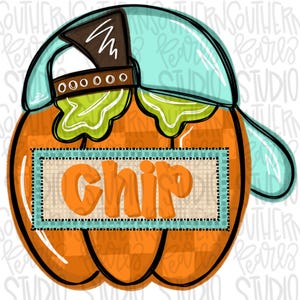 Puede incluir: Calabaza naranja con una gorra de béisbol azul y blanca. La calabaza tiene un patrón de cuadros y las palabras "Chip" están escritas en una pancarta.