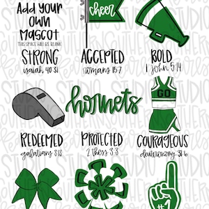 May include: A digital graphic titled God Says I Am featuring green and black cheerleading icons including a megaphone, whistle, uniform, bow, pom-pom, and foam finger. Each icon is paired with a positive word and a corresponding Bible verse reference.