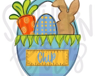 May include: A blue plaid Easter basket illustration featuring a bright orange carrot with green leafy tops, a blue egg with a yellow grid pattern, and a brown bunny silhouette. A yellow rectangular label with the name Chip is centered.