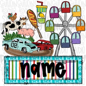 May include: A digital illustration featuring a carnival theme with a Ferris wheel, a corn dog, a drink, a cow with a rooster, a pig, and two race cars labeled 02 and 10. Below, a rectangular frame contains the word name in bold black letters.
