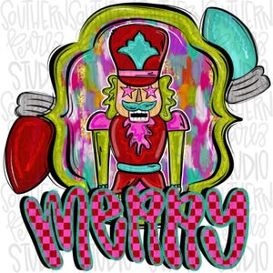 May include: A colorful Christmas-themed graphic featuring a nutcracker soldier with star-shaped eyes, a turquoise mustache, and a red uniform. The word "MERRY" is written in a checkered pattern with a turquoise outline, and the background is a mix of colors.
