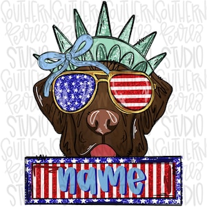 Op de afbeelding: Illustratie van een bruine hond met een goudkleurige zonnebril met een rood, wit en blauw Amerikaans vlagontwerp. De hond heeft een Vrijheidsbeeldkroon en een banner met het woord "name".
