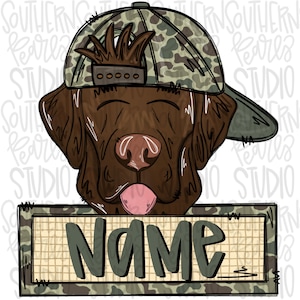 May include: A brown dog illustration wearing a camouflage baseball cap with a tuft of hair poking through the top. Below the dog is a rectangular frame with a camouflage border and a grid background containing the word NAME in dark green letters.