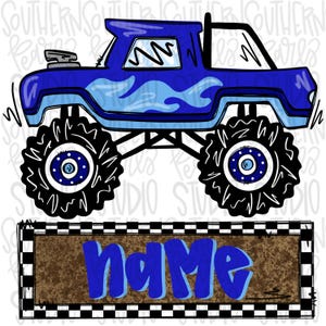 May include: A blue monster truck illustration with light blue flame accents and large black tires. Below the truck is a rectangular sign with a brown textured background, a black and white checkered border, and the word name in blue letters.