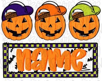 May include: Three orange jack-o'-lanterns wearing purple, orange, and lime green baseball caps, positioned above a rectangular frame with a purple and green checkered border, containing the orange text name on a white background with black bats.