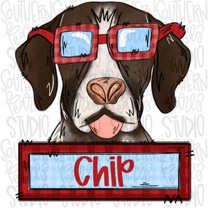 Puede incluir: Una ilustración de un perro marrón y blanco con gafas de cuadros rojos y lentes azules. El perro tiene la lengua rosa fuera y está situado sobre un cartel rectangular de cuadros rojos con un centro azul claro que contiene el texto rojo Chip.