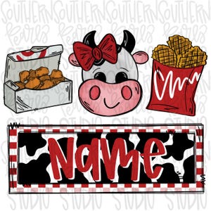 Könnte beinhalten: Digitale Illustration mit einem Kuhkopf mit roter Schleife, einer Box mit Chicken Nuggets und einer Tüte Waffeln. Ein rechteckiges Schild mit dem Wort "Name" in Rot auf einem schwarz-weißen Kuhdruck.
