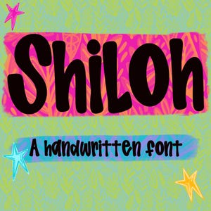 May include: A digital graphic featuring the word Shiloh in large black letters on a bright pink and orange textured background, with the text A handwritten font below in a blue bar, accented by three colorful star illustrations on a green background.