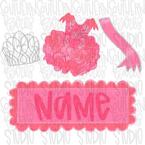 May include: A digital illustration featuring a pink pageant dress, a silver tiara, and a pink sash. A pink rectangular banner with the word "NAME" is also included. The background has a repeating pattern of the words "SOUTHERN" and "STUDIO".