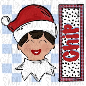 Może przedstawiać: Cyfrowa ilustracja świątecznego elfa w czerwonym kapeluszu i białym kołnierzyku. Elf uśmiecha się i ma brązowe włosy. Elf stoi obok czerwono-czarnego znaku z napisem "Grinch" napisanym niebieskimi i czerwonymi literami.