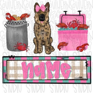 Op de afbeelding: Een digitale illustratie met een bruine Duitse herder met een roze strik, een grijze metalen pan gevuld met rivierkreeften en maïs, een roze koelbox met rode rivierkreeften en een rechthoekig bord met het woord name.