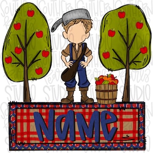 May include: A cartoon illustration of a person wearing a pot on their head, a brown shirt, and blue overalls, standing between two apple trees. A wooden basket filled with red apples sits nearby. A red plaid rectangular sign displays the word NAME.