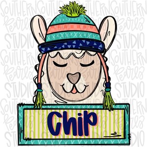 May include: A cartoon llama wearing a blue, green, and pink winter hat with a green pom pom. The llama has its eyes closed and is smiling. The llama is holding a sign that says "Chip" in blue letters with a green and yellow striped background.
