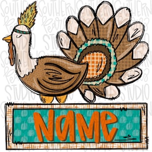 Puede incluir: Ilustración de un pavo de dibujos animados con un tocado nativo americano y un letrero que dice "Name". El pavo tiene plumas marrones, beige y naranjas. El letrero es turquesa con calabazas naranjas y la palabra "Name" en naranja.