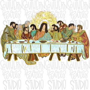 May include: A digital illustration of the Last Supper featuring Jesus and twelve disciples seated at a long table covered with a light blue cloth. The figures wear robes in shades of brown, green, and blue, with a gold halo effect behind Jesus.