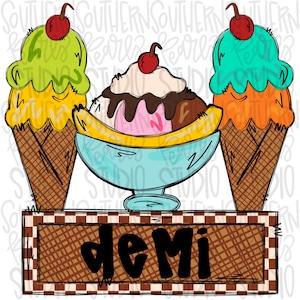Puede incluir: Tres conos de helado, uno con una cereza en la parte superior, otro con un banana split y el último con una cereza en la parte superior. Los conos están sobre una superficie a cuadros marrón y blanca con un letrero que dice "deMi".