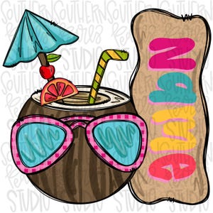 May include: A brown coconut with sunglasses and a straw with a lime wedge and a blue umbrella. The coconut is sitting in front of a wooden sign that says "MAMA".