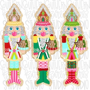 May include: Three gingerbread-style nutcracker figures with glittery gold edges. Each figure wears a tall hat, has a pink bubblegum mouth, and holds a small gingerbread man cookie. They feature vibrant red, green, blue, and pink patterned uniforms.