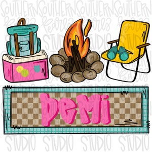 May include: A digital illustration of a camping scene with a pink cooler, a blue backpack, a campfire, a yellow camping chair with binoculars, and a sign that says "be mi".
