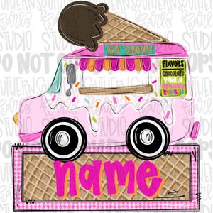 May include: A digital illustration of a pink ice cream truck with a large chocolate ice cream cone on top. The truck features a menu board listing flavors, a pink awning, and a rectangular base with a waffle pattern and the word name in pink.