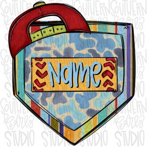 May include: A baseball-themed design featuring a red baseball cap atop a catcher's mitt shape. The mitt has a blue camouflage pattern and a yellow rectangle with the word "Name" in blue. Red stitching details are on the rectangle.