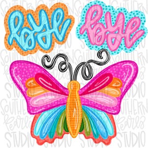 May include: A colorful illustration featuring a large butterfly with pink wings and a yellow body. The butterfly is surrounded by the word "Love" in two different styles, one in blue and the other in pink.