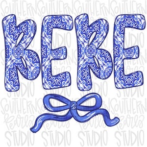 May include: Blue and white patterned letters spelling "REBE" with a blue bow underneath.