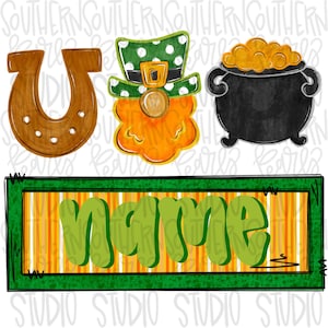 May include: A St. Patrick's Day themed design featuring a horseshoe, a leprechaun, and a pot of gold. Below is a rectangular sign with the word "name" in green, set against a striped orange and white background, framed in green.