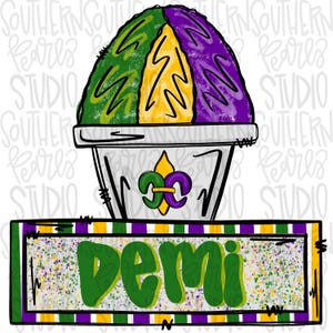 May include: A graphic illustration of a snow cone with green, yellow, and purple syrup, sitting in a white cup featuring a purple and yellow fleur-de-lis. Below is a rectangular sign with green, yellow, and purple stripes containing the name Demi.