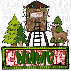May include: A digital illustration featuring a brown deer stand with a ladder, decorated with colorful Christmas lights. Santa and an elf are visible in the window. Two green pine trees, a deer, and a rectangular sign with the word NAME.