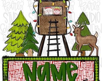 Santa and elf in deer stand hunting design with Name Patch | Christmas | reindeer | Sublimation Design | Digital Download | Kids Shirt PNG