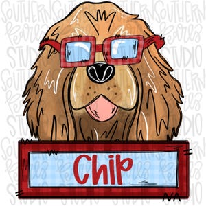 May include: A cartoon illustration of a dog wearing red plaid sunglasses. The dog has brown fur and a pink tongue. A red sign below the dog reads "Chip" in red letters.