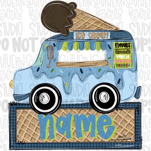 May include: A light blue ice cream truck illustration with a large chocolate ice cream cone on top. The truck features a menu board listing flavors, a waffle-patterned base, and the word name in blue letters centered on the waffle background.