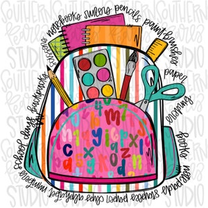 May include: A pink backpack with a colorful alphabet pattern on the front. The backpack is filled with school supplies, including notebooks, pencils, paintbrushes, scissors, and crayons.