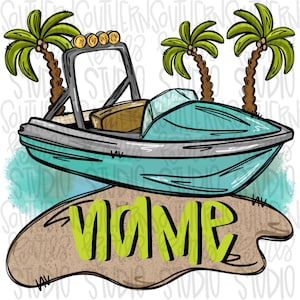 May include: A turquoise and gray boat illustration with palm trees and the word "MOM" in green. The boat has a silver frame and lights. The design is on a white background with a beach theme.