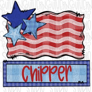 Puede incluir: Un banner a cuadros rojos y blancos con tres estrellas azules y la palabra "chipper" escrita en rojo sobre un banner a cuadros azules y blancos.