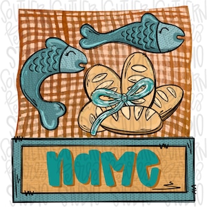 May include: A digital illustration of two blue fish and a pile of bread tied with a blue ribbon on a brown and white checkered background. The text "NAME" is displayed on a blue and brown sign.