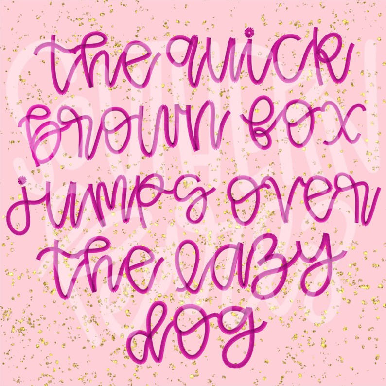 May include: A light pink graphic print featuring the magenta cursive text "the quick brown box jumps over the lazy dog" layered over a background scattered with small, shimmering gold flecks that create a textured, metallic appearance.