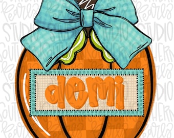 Pumpkin with bow with Name Patch | Sublimation Design | Digital Download | Women’s, Kids Shirt PNG