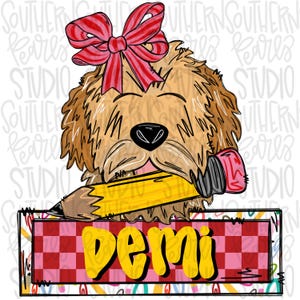 May include: A cartoon illustration of a fluffy brown dog with a large red and white striped bow on its head, holding a yellow pencil in its mouth. Below the dog is a rectangular frame with a red checkered pattern containing the name demi.