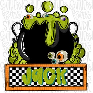 Puede incluir: Un caldero negro con baba verde y ojos, sentado sobre un fondo a cuadros con la palabra "Jack" en letras verdes.