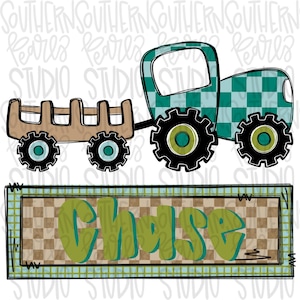May include: A green and brown toy tractor with a wagon attached. The tractor has a checkered pattern on the side and the wagon has brown wooden slats. The tractor has black wheels with green centers. The wagon has black wheels with blue centers. The tractor is pulling the wagon. The words "Chase" are written in green letters on a brown and blue checkered background.