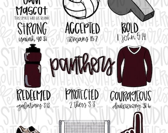 Puede incluir: Un gráfico digital titulado God Says I Am con ilustraciones en negro y granate que incluyen un balón de voleibol, silbato, botella de agua, camiseta de manga larga, zapatilla deportiva, red y un dedo de espuma con etiquetas de texto.